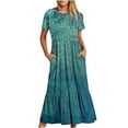 thumbnail image 1 of Penkiiy Robe d'Été Décontractée à Manches Courtes Col Rond Imprimé Brillant Robe Longue Fluide à Étages de Plage avec Poches P Bleu Clair, 1 of 7
