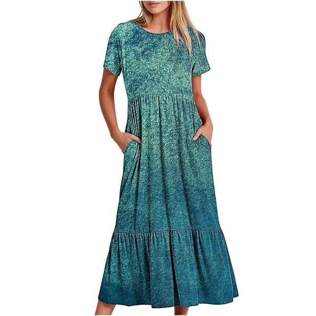 Penkiiy Robe d'Été Décontractée à Manches Courtes Col Rond Imprimé Brillant Robe Longue Fluide à Étages de Plage avec Poches P Bleu Clair