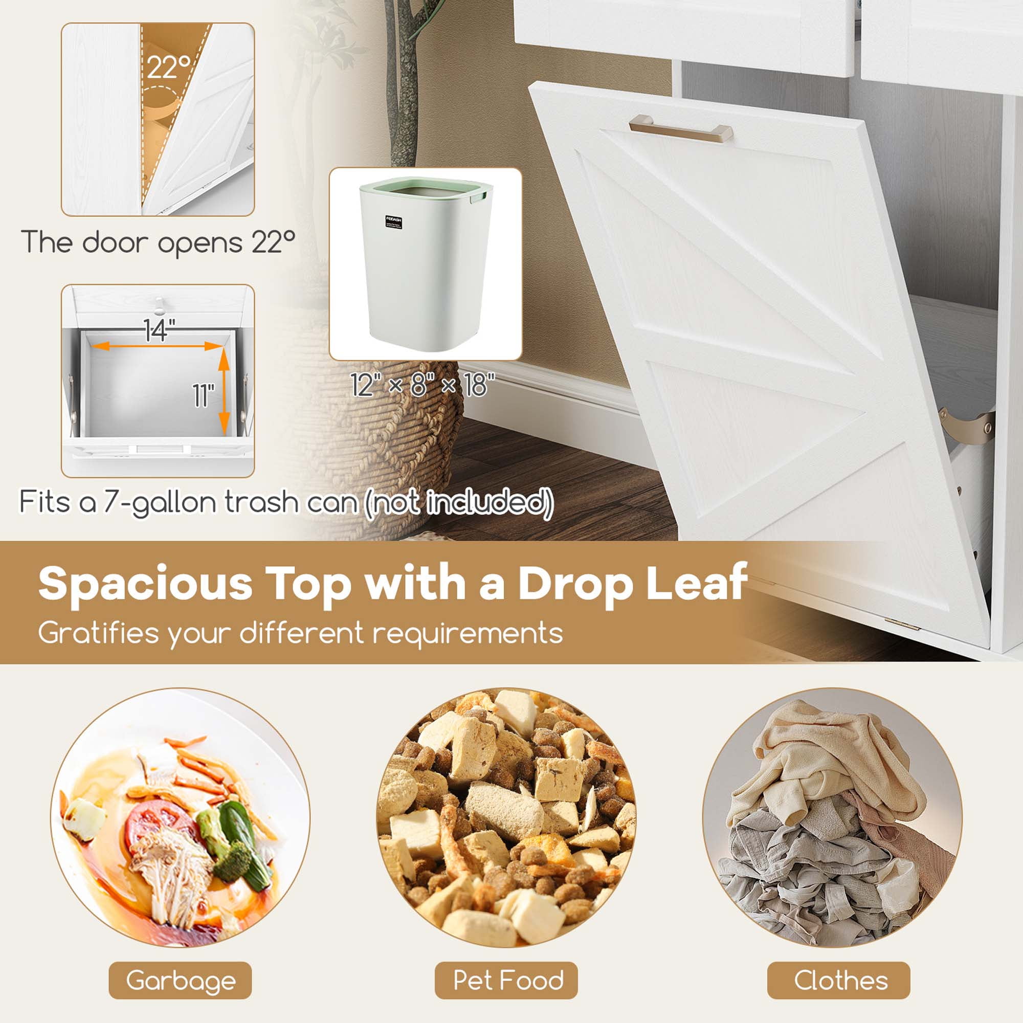Costway Rolling Kitchen Island Kitchen Island Cart with Drop Leaf Trash Can Cabinet White
