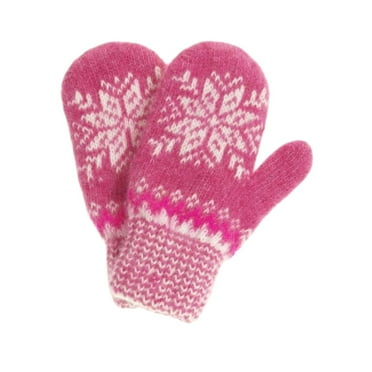 STP GOODS Raspberry Snowflake Wool Children's Mittens in Size 13 / 4-6 years Knit Mittens for Kids Winter Gloves for Girls Knit Glove, Pink and White