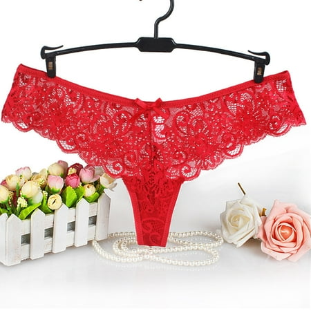 YWDJ Womens Underwear Thong Sexy Lace Lightweight No Show Fashion Sexy Lace Flower Transparent Gauze Bow Low Waist G-string Pants Panties Thong Red S
