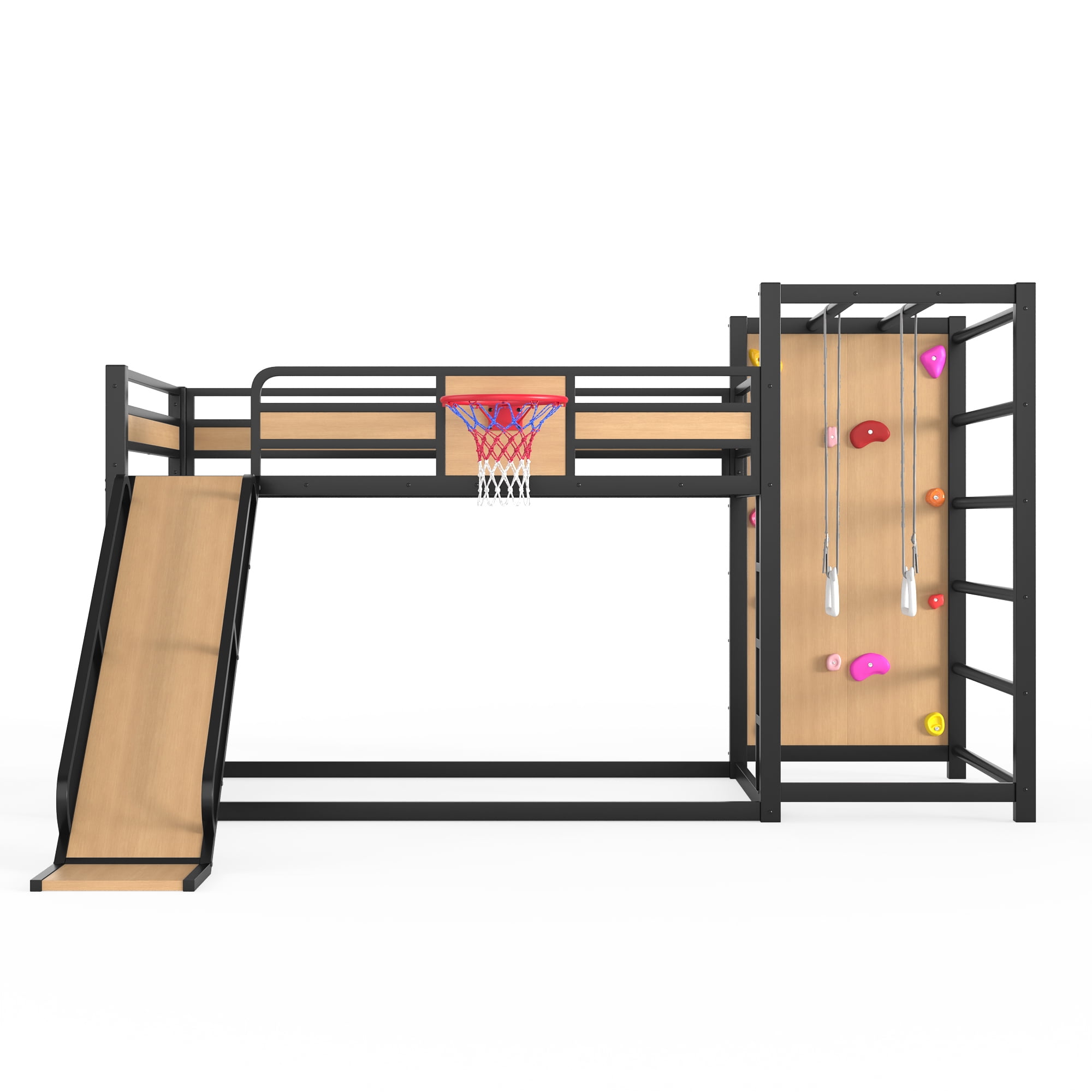 Full Size Loft Bed with Basketball Hoop, Pull-up Rings and Climbing Wall, Metal Loft Bedframe with Bulit-in Bookshelves, Kids Playhouse Bed with Slide for Boys Girls
