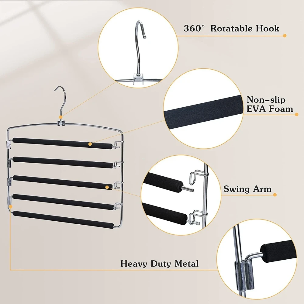 Metal Pants Hangers 4Pcs, Trousers Hangers, Space Saver Pants Rack, Clothes Hanger for Pants, Non-Slip Space Saving Multi-layer Swing Arm Pant Hanger, Stainless Steel,Non-Slip, Foam, by tutuviw