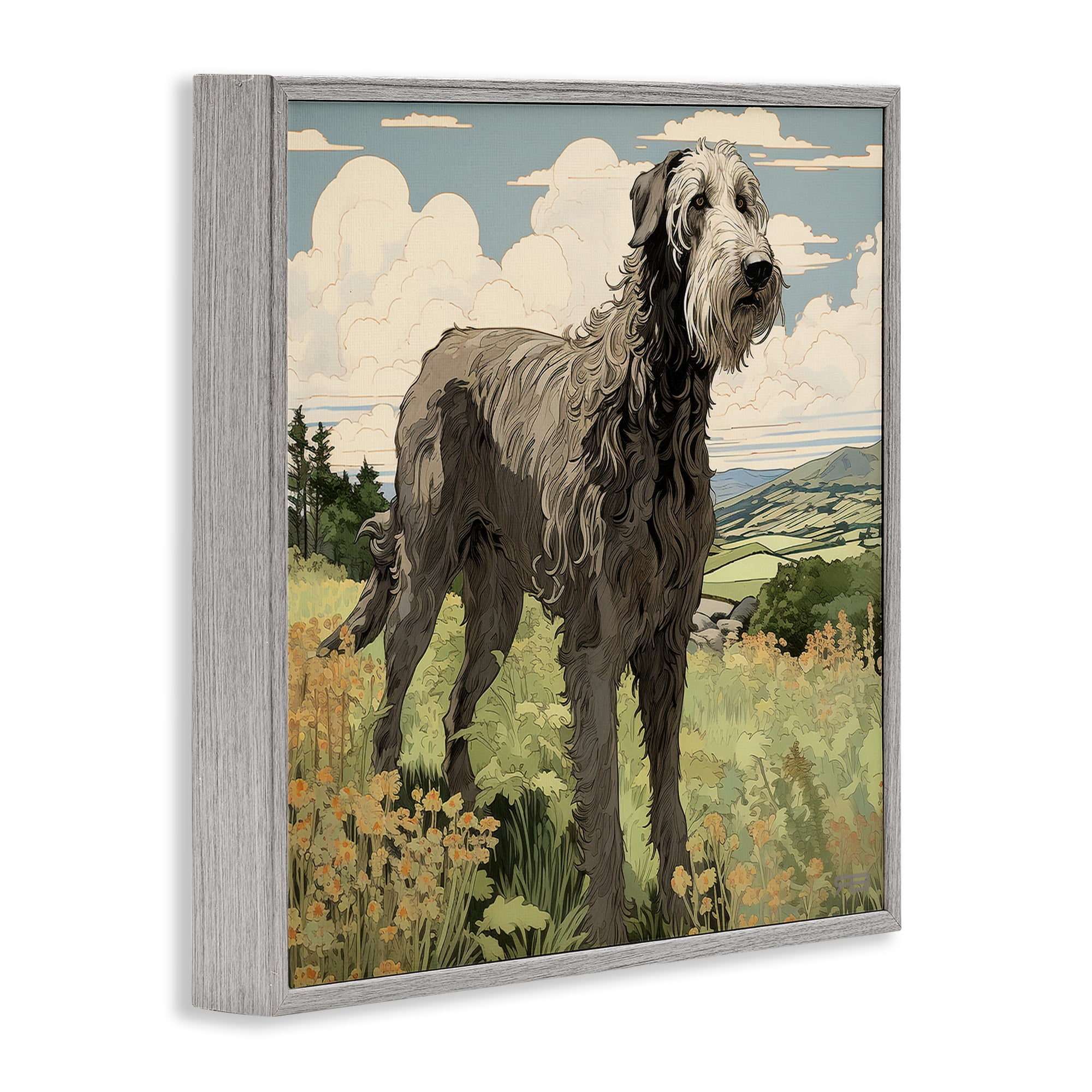 Stupell Industries Countryside Landscape Dog Landscape Painting Gray Framed Art Print Wall Art, 17 x 17