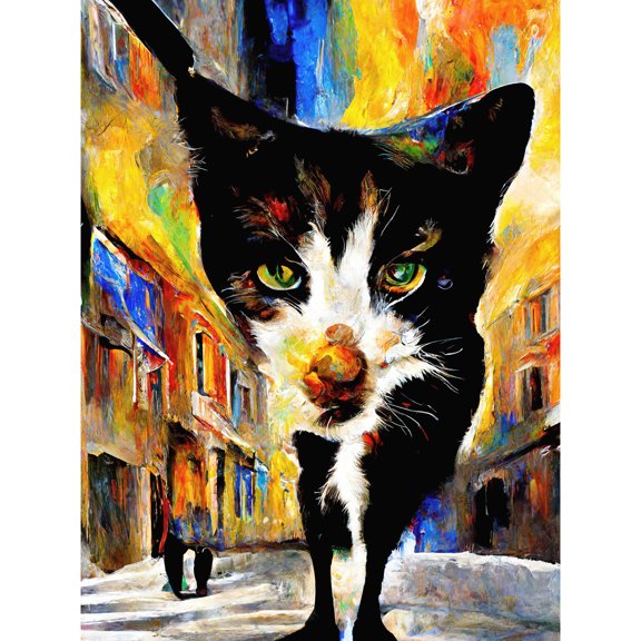 Black Street Cat Walking Bright Neighbourhood Night Unframed Wall Art Print Poster Home Decor