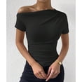 thumbnail image 4 of off the Shoulder Tops for Women Going Out Summer Top Short Sleeve T Shirts Asymmetrical Blouses Black S, 4 of 7