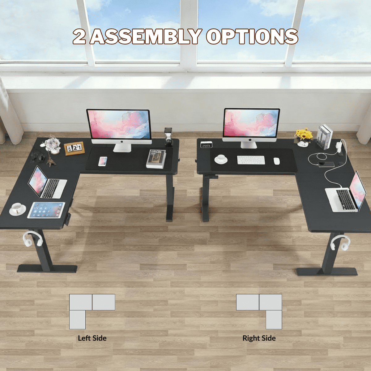 Legooin 63x55 inch L-Shaped Standing Desk with Power Strip, Height Adjustable Computer Desk for Multi-Device Setup, with Headphone Hook and Cable Management, for Home Office Dorm, Black