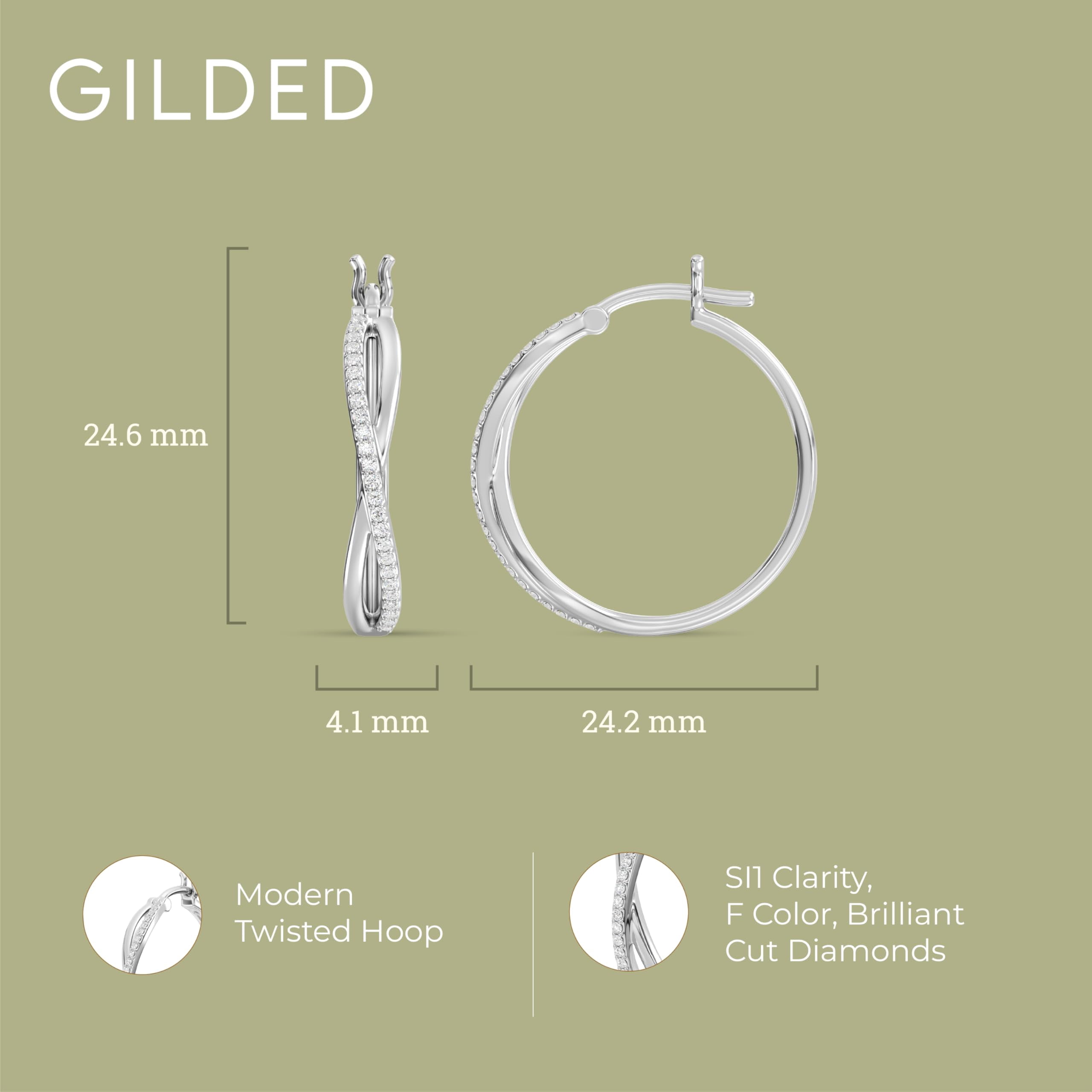 Gilded 1/4 Carat Total Weight Lab-Grown Diamond Modern Twisted Hoop Earrings for Women in 925 Sterling Silver | Hypoallergenic Fine Jewelry | Click Top Closure | SI1 Clarity, F Color