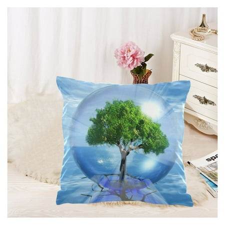 ZKGK Tree of Life Bubble Zippered Cushion Pillowcase 18 x 18 ( Twin Sides ),Green Tree Forest in a Circle Blue Bubble Sunset Pillow Cases Cover Set Shams Decorative for Couch