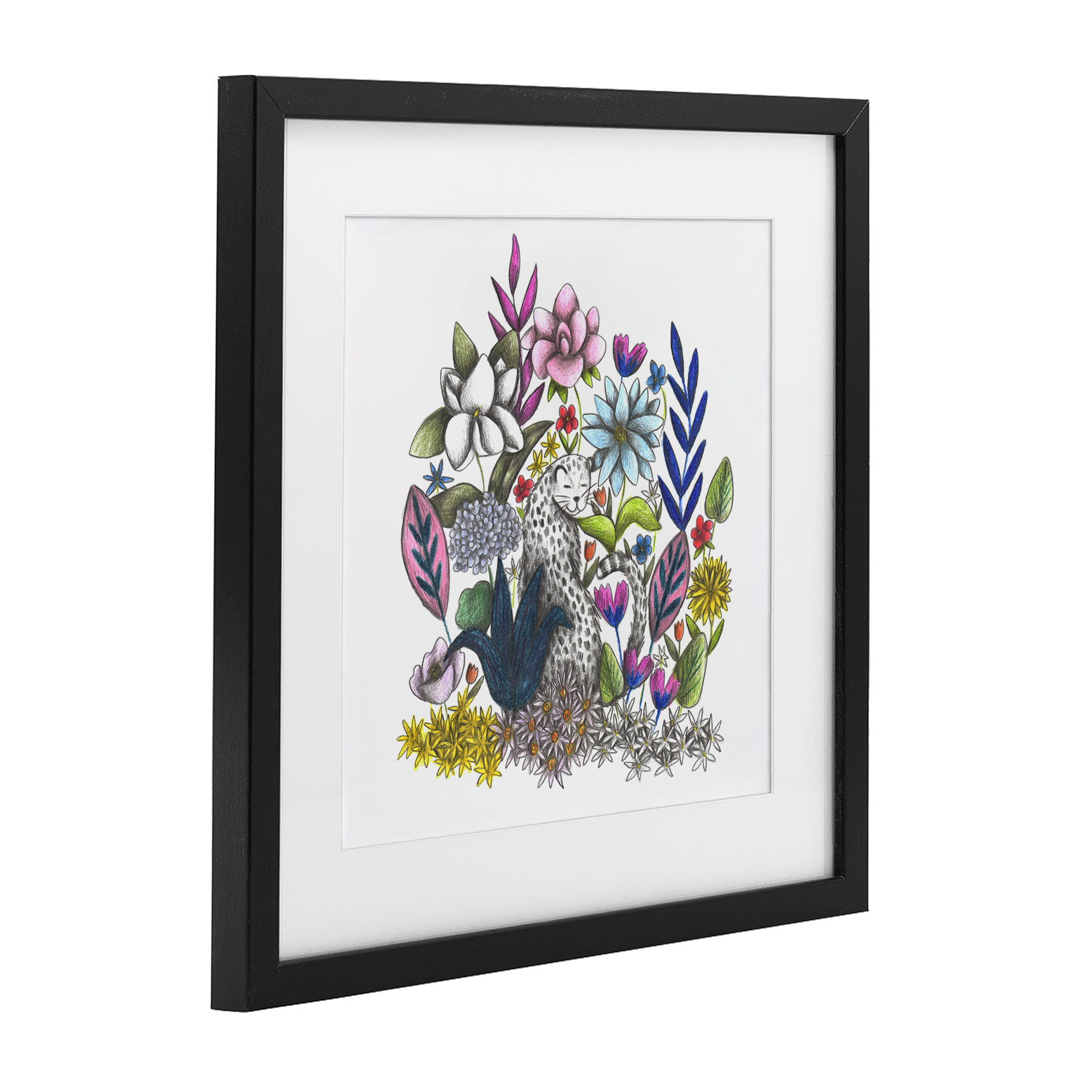Leopard in Midst of Flowers Black Framed Print Under Glass, design by Cecilia Battaini