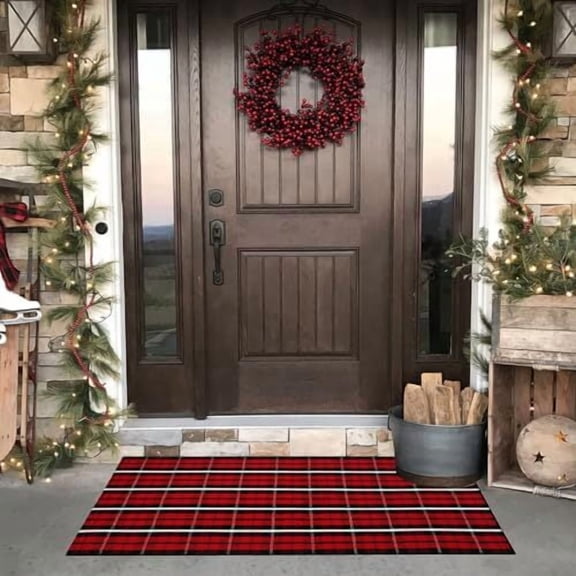 Voguly 2' x 4'3" Red Black Christmas Plaid Rug, Cotton Woven Outdoor Mat, Machine Washable, Farmhouse Front Porch Entryway Layering Door Mat