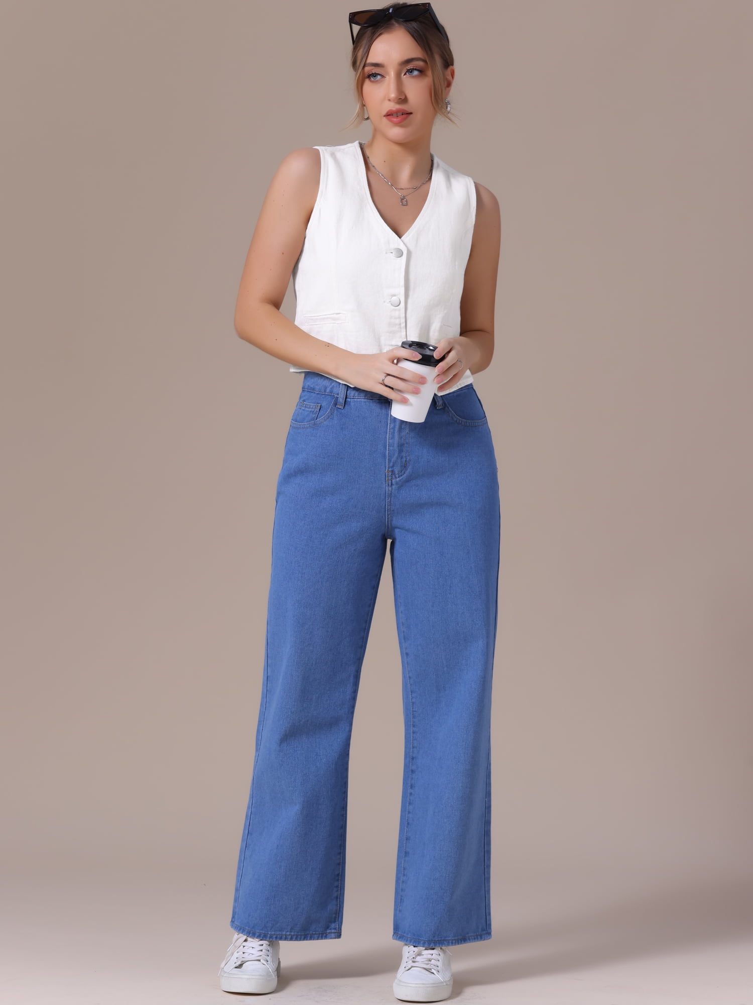 DARING DIVA Women's V Neck Waistcoat Top Casual Jean Vests M White
