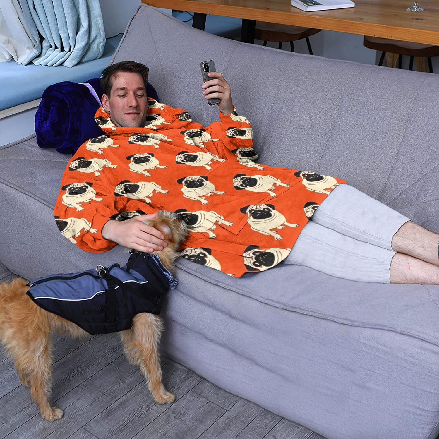 Pug Dog Wearable Oversized Blanket,Wearable Blanket Hoodie for Adults,Cozy Hooded Blankets with Super Pockets,Super Warm Fuzzy Pullover for Women & Men