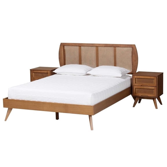 Baxton Studio Asami Brown Wood and Woven Rattan Full Size 3-Piece Bedroom Set