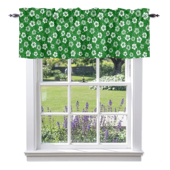 Tiny Petal Valance Curtains, White Floral Stamen Hibiscus Bloom Shabby Chic Green Light Filtering Valance Curtains Window Rod Pocket Treatment for Kitchen Bathroom 1 Panel 42x12in