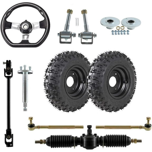 4.10-6 Go Kart Wheels Tires 3 Lug and Steering Spindle Wheel Hubs & Go Cart Steering Assembly Kit & Steering Wheel, Gear Rack Pinion Tie Rod Shaft for DIY Drift Trike ATV Quad Golf Cart Buggy