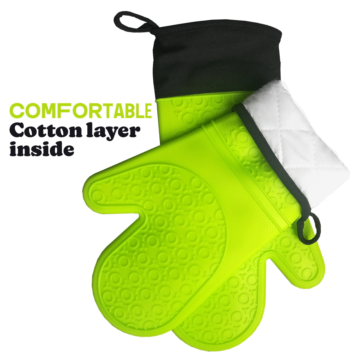 BPA-Free Soft Silicone Oven Mitts - Ultra Heat Resistant Oven Mitts with Thick Cotton Liner - Extra Long Slip Resistant Pot Holders, Flexible Oven Gloves - Green 14.7"