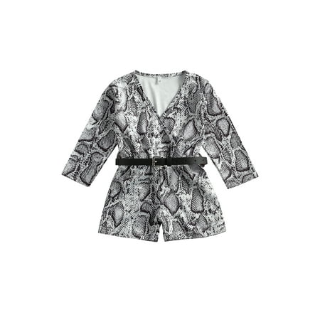 

Toddler Kids Girl Romper V Neck Long Sleeve Snake Printed Jumpsuit with Belt
