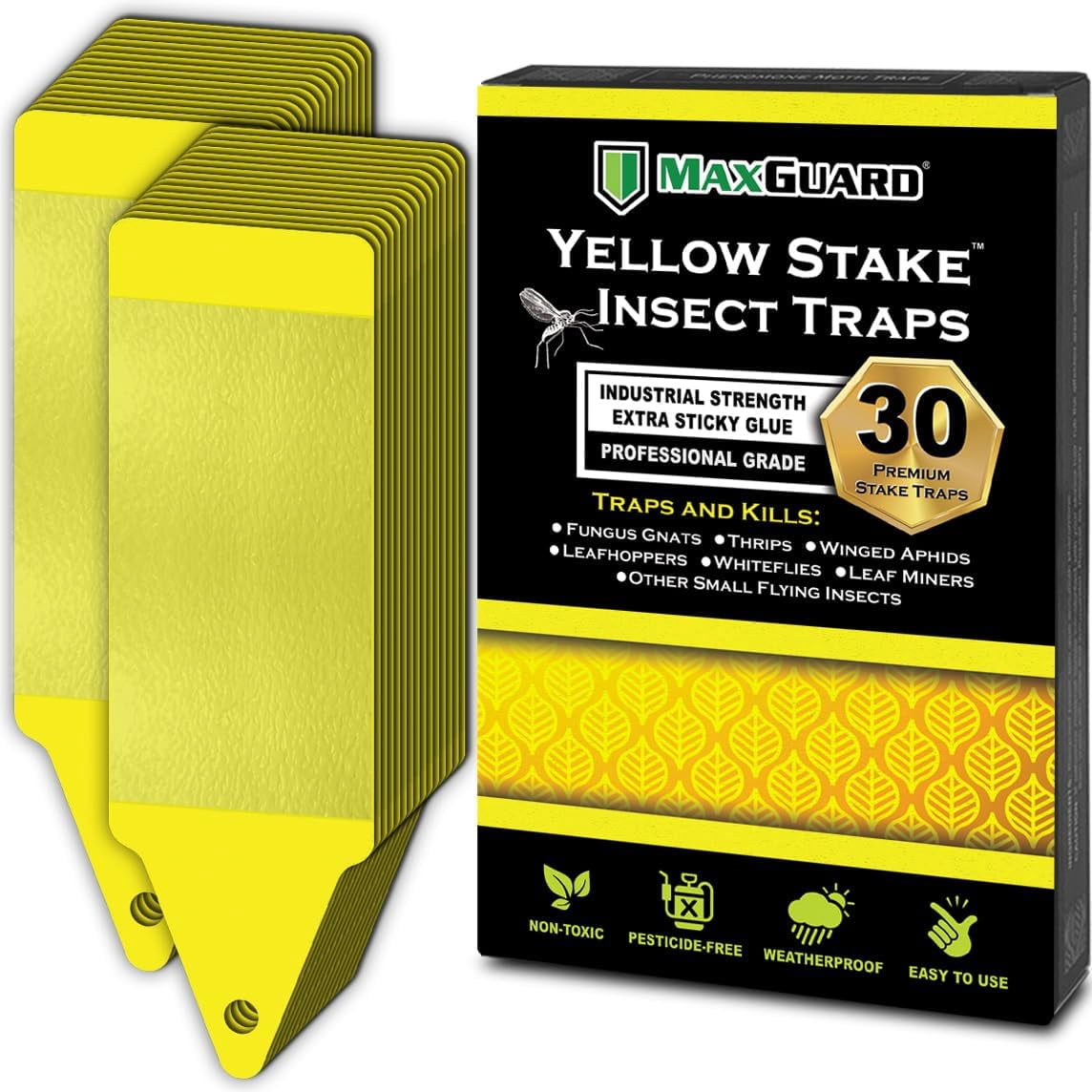 RGHJAR-MAXGUARD (30 Pack) Yellow Stake Sticky Insect/Bug Traps - Catch and Kill Fungus Gnats, Whiteflies, Mosquitos, Aphids, Leaf Miners, Flying Insect Catcher Glue Trappers for Indoor or Outdoor
