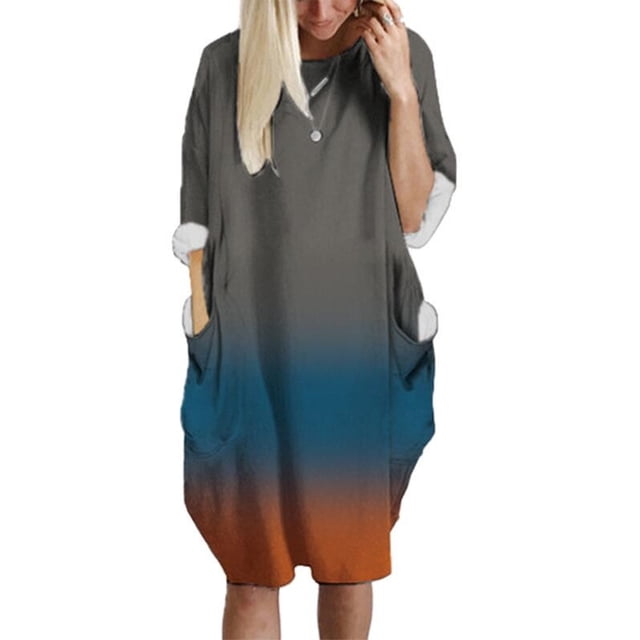 Robe Ample à Manches Longues avec Poche Imprimée pour Femmes, Col Rond, Décontractée