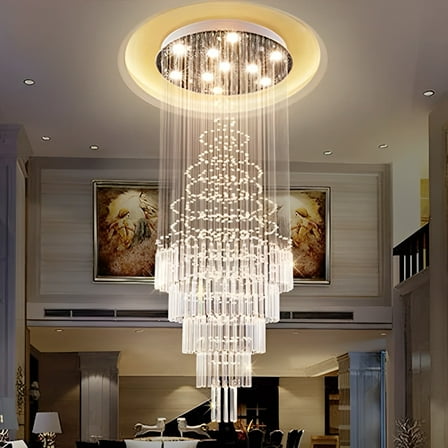 KPIBEST 31.5''X70.8" High Ceiling Chandelier,Large Crystal Raindrop Chandeliers,10 Lights Staircase Chandelier with Remote, Villa Entrance Foyer Pendant Light Hue Gu10
