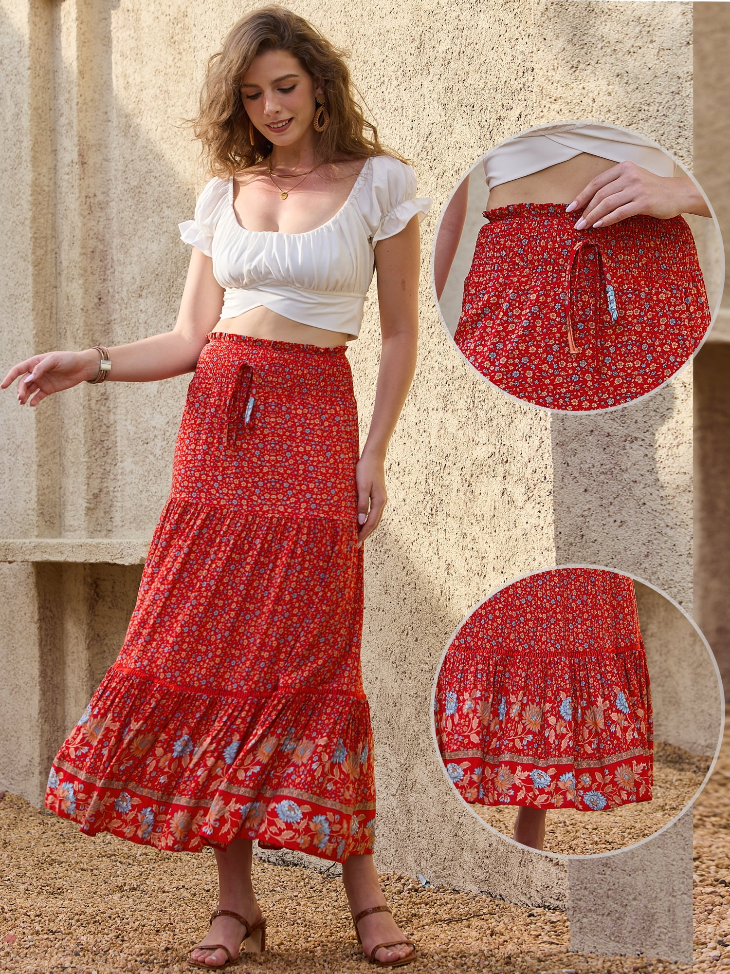 DARING DIVA Women's Fashion Summer Boho Long Skirt X-Large Red