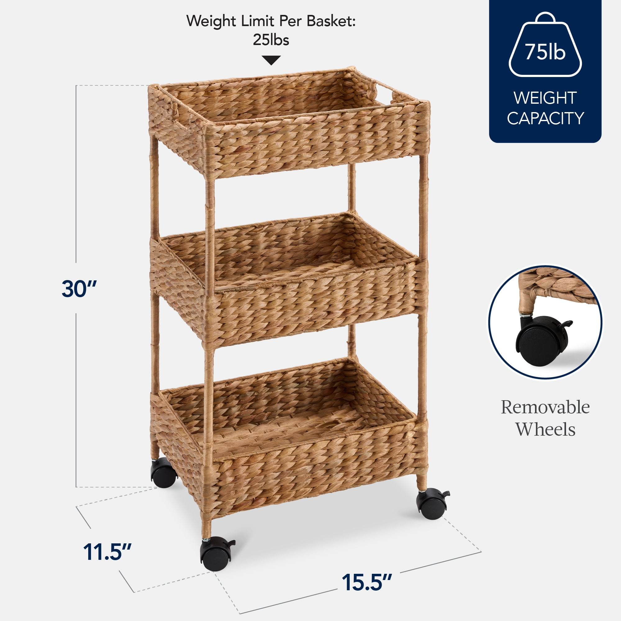 Best Choice Products 3-Tier Water Hyacinth Rolling Nursery Caddy w/ Wheels, Utility Cart, Storage Organization - Chestnut