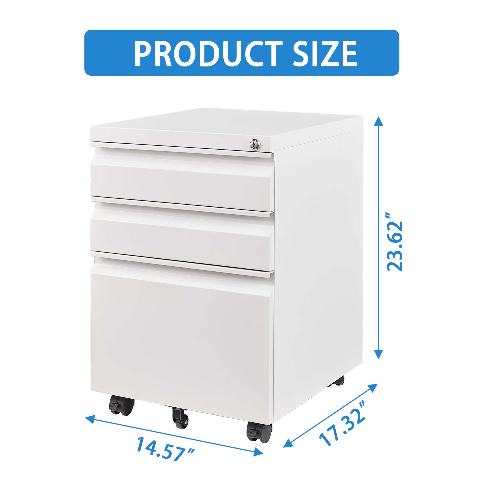 3 Drawer Mobile File Cabinet with Lock, Metal Filing Cabinets for Home Office Organizer Letters/Legal/A4, Fully Assembled Except Wheels, White