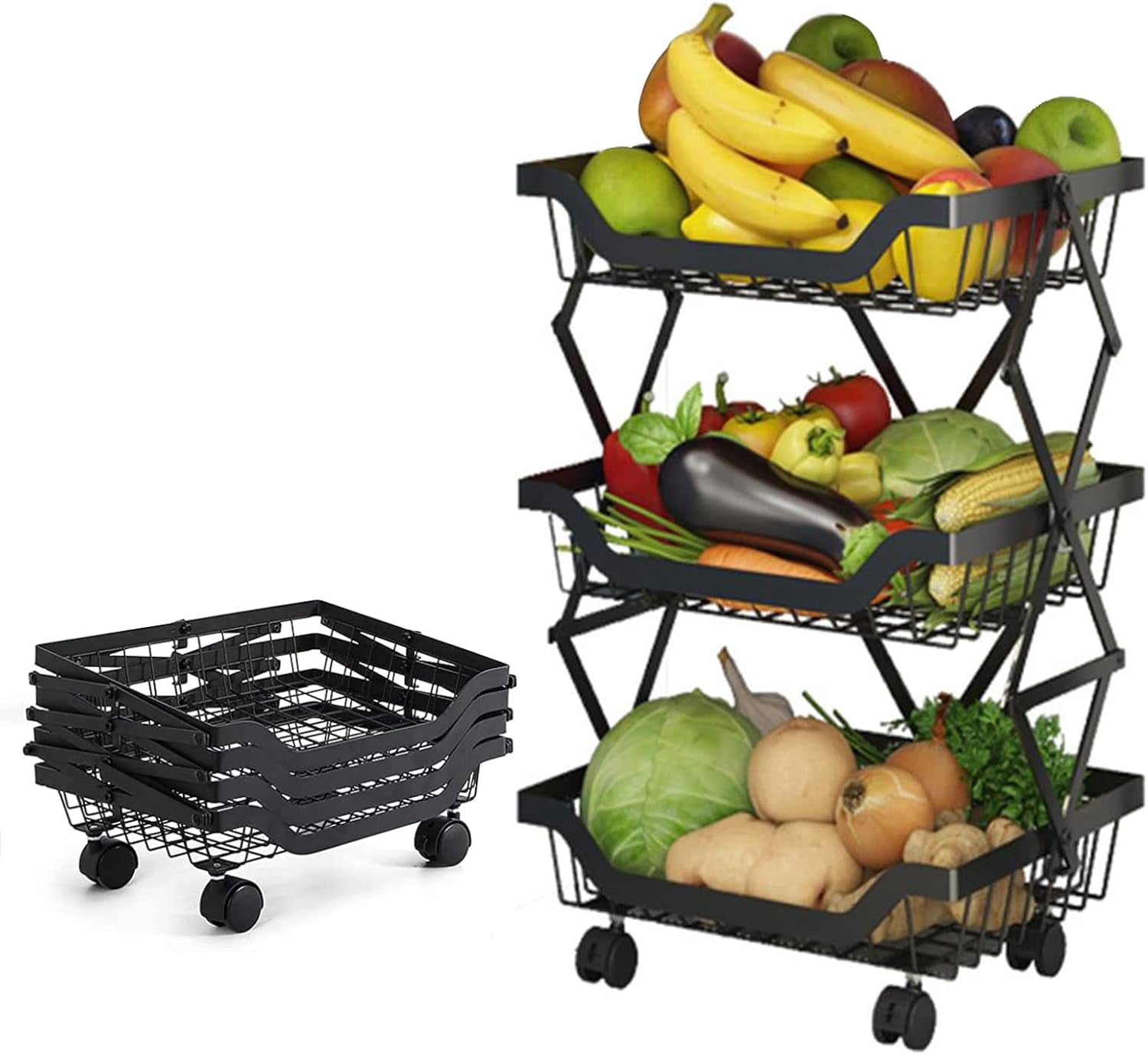 Alexent 3-Tier Foldable Basket Storage Rolling Cart | Metal Wire Basket with Wheels, Stackable, Versatile Organizer for Kitchen, Pantry, Bathroom, Laundry, Garage, Black