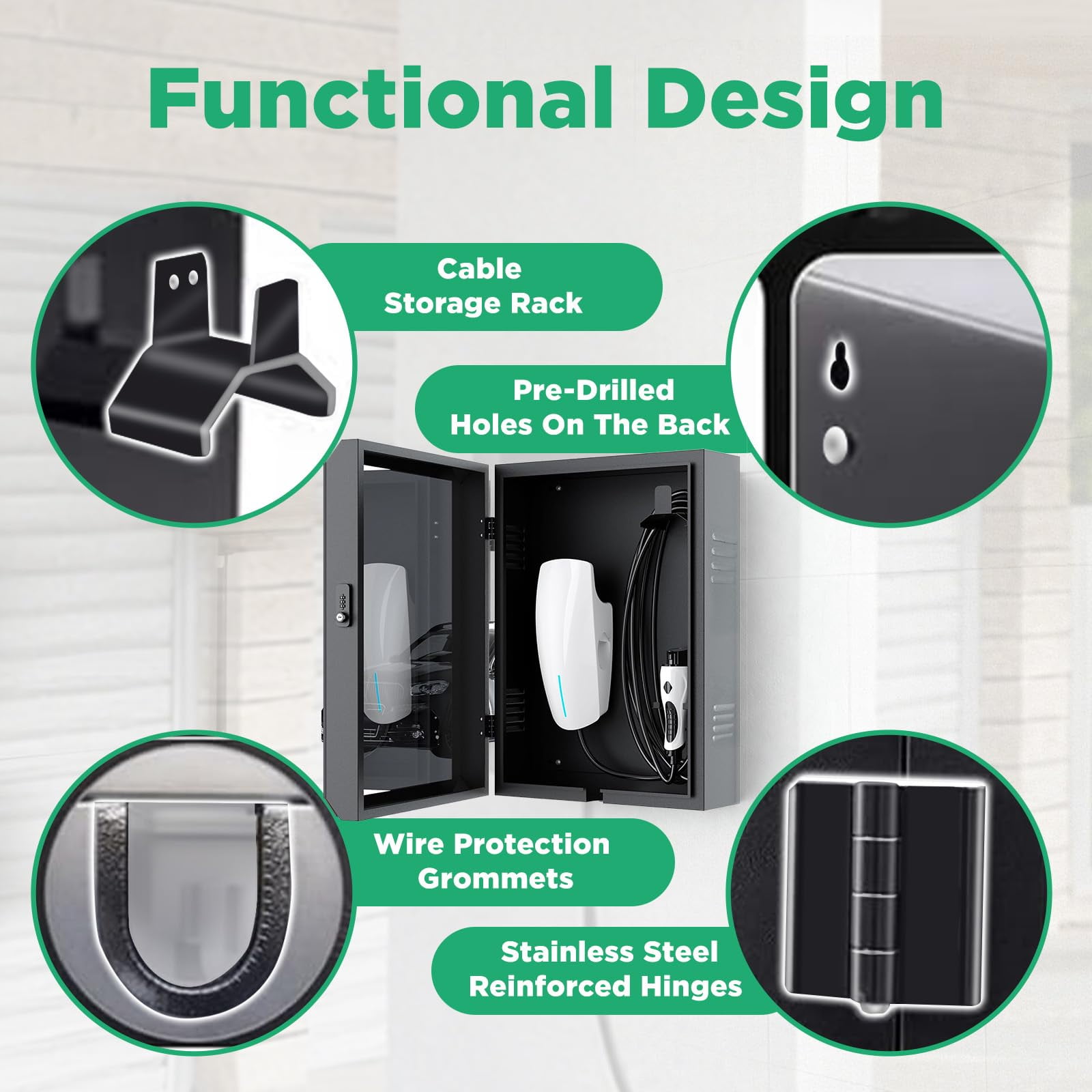 PROHIKER Outdoor Electrical Box Waterproof Wall Charger Station Box with Cable Management, Built-in Ventilation & Security Lock for EV Charger Universal Holder Compatible with Most EV