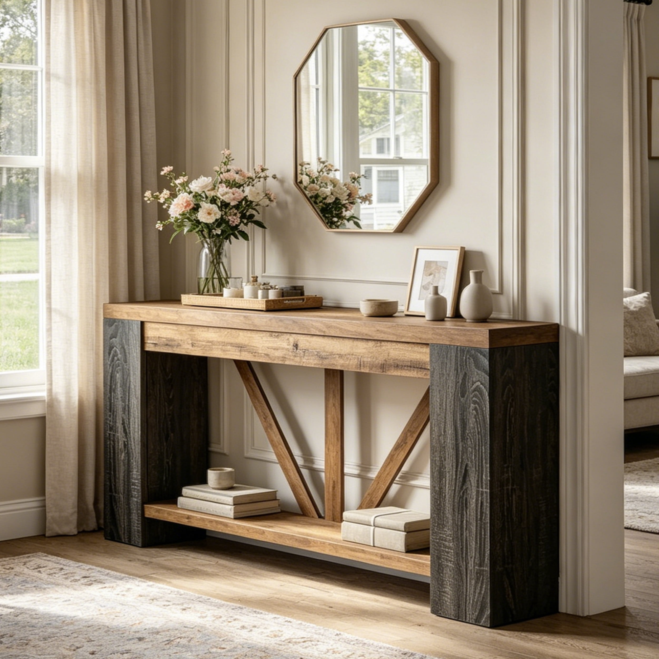 Fnova 70.9" Console Table, 2-Tier Farmhouse Entryway Table, Narrow Long Wood Sofa Table Behind Couch with V-Shaped Support for Living Room, Hallway, Foyer