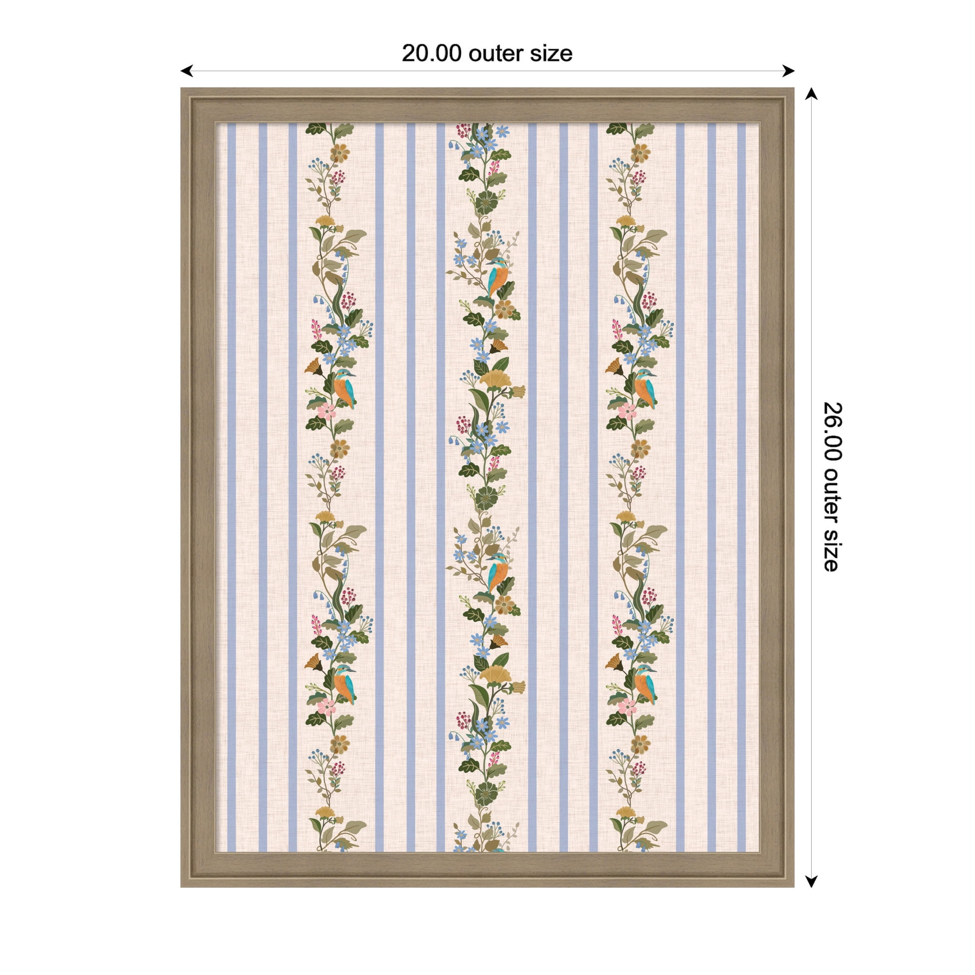 Kate and Laurel Framed Fabric Pinboard 20 x 26, MC Striped Botanical Birds Singing Printed Linen Casual Transitional Bulletin Board for Use as a Vision Board or Wall Org, Florence Light Brown