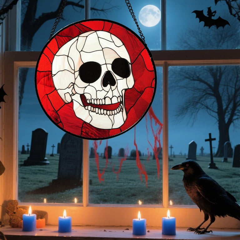Stained Glass Window Hanging - Halloween Decoration White Skeleton