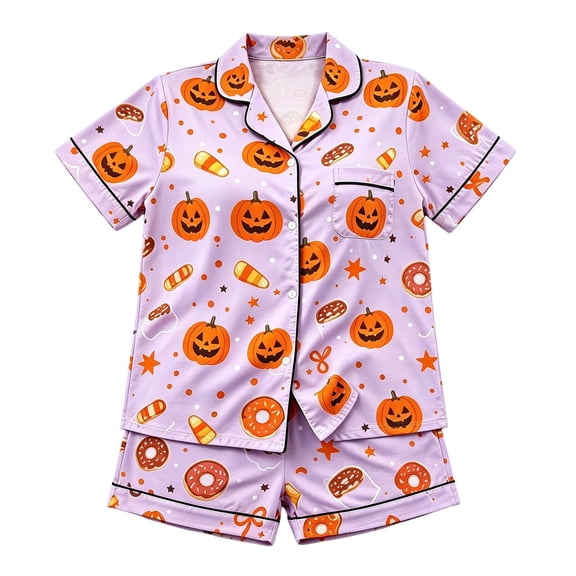 Halloween Pajamas Kids Size 7-8 Years Casual Homewear Short Sleeve Lapel Top with Shorts Soft Pjs for Boys Purple