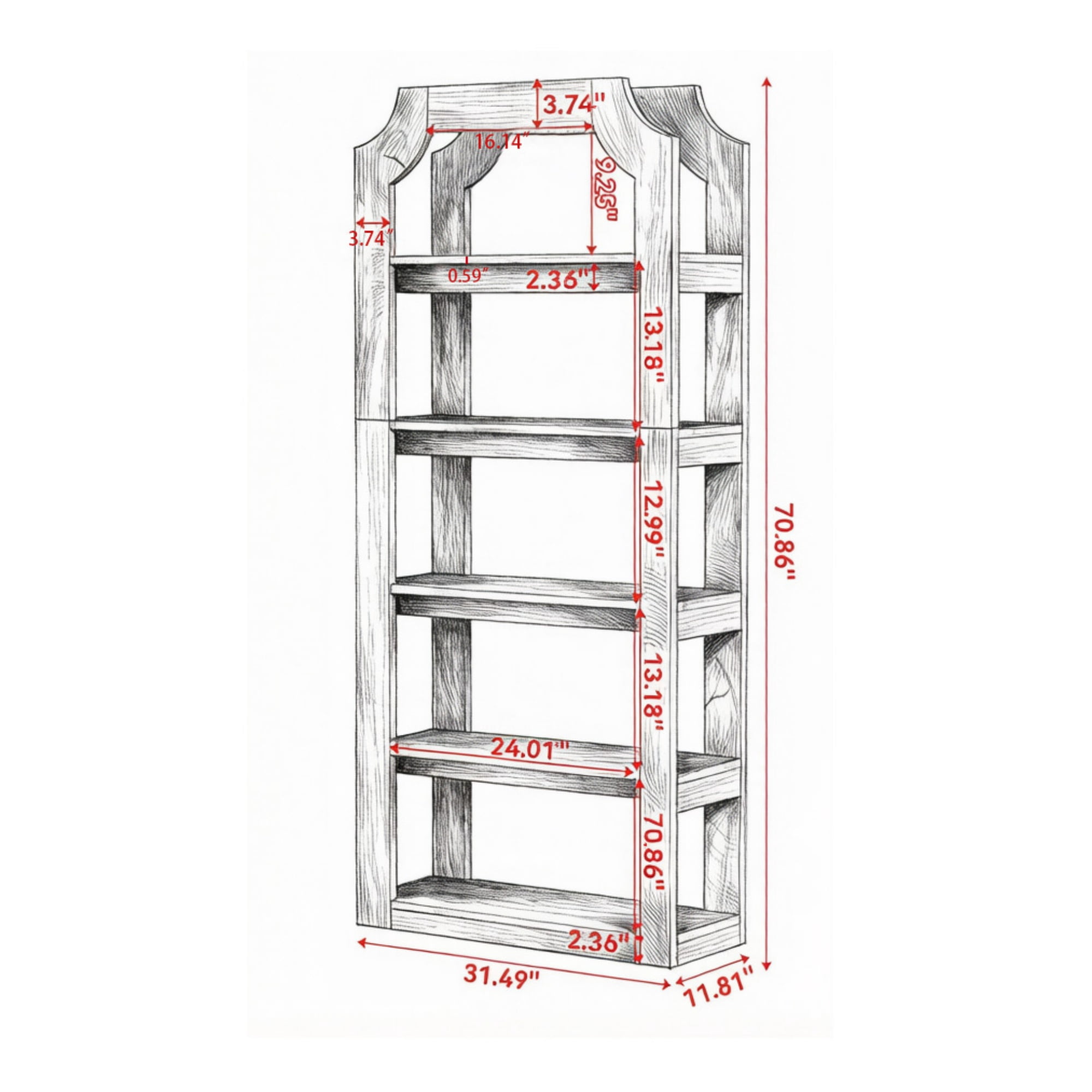 70 in 5-Tier Farmhouse Bookshelf, Rustic Engineered Wood Bookcase with Sturdy Shelves for Living Room, Office, Bedroom