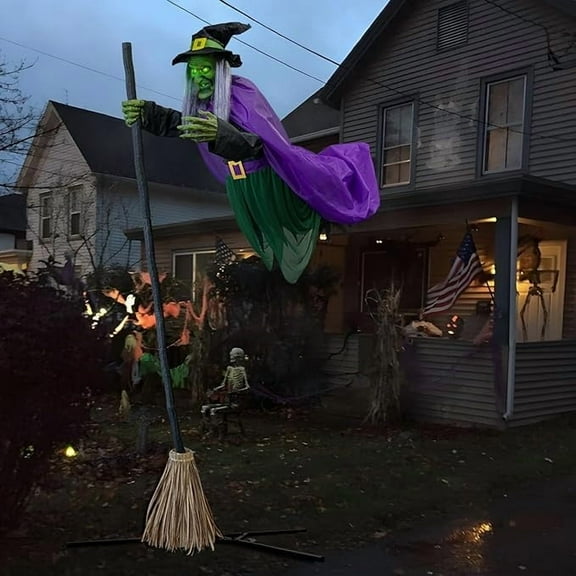 Suokom Halloween Decorations Outdoor, 6FT Halloween Flying Witch, Outdoor Hovering Witch Holding Sweeper Props, Sound & Touch Activated Sensor, Scary Props House Decor for Garden Yard Lawn Decor