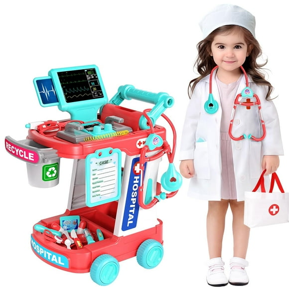 Trousse de Docteur pour Enfants, Ensemble de Jeu de Docteur pour Tout-Petits avec Chariot, Costume et Stéthoscope, Jouet Médical de Jeu de Rôle pour Filles Garçons Tout-Petits 3-8 Cadeaux d'Anniversaire (Rose)