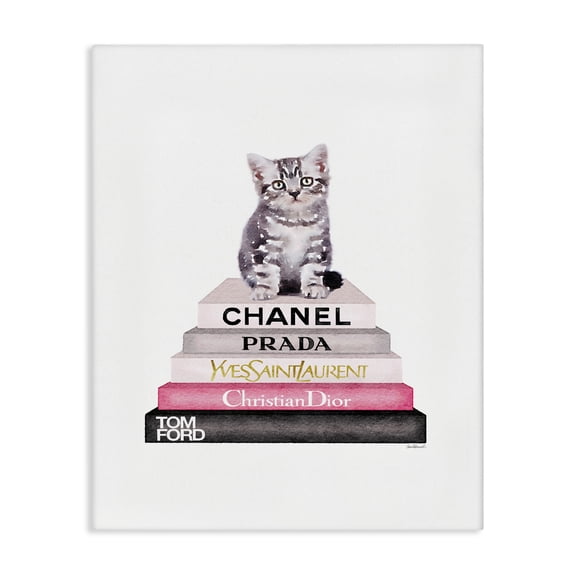 Stupell Industries Eclectic Grey Pink and Black Fashion Bookstack with Kitten Canvas Art, 16 x 20, by Amanda Greenwood