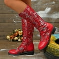 thumbnail image 3 of Vintage Embroidered Mid Calf Combat Boots for Women 2025 Retro Leather Low Heel Knee High Tall Dress Boots Red Size 6, 3 of 7