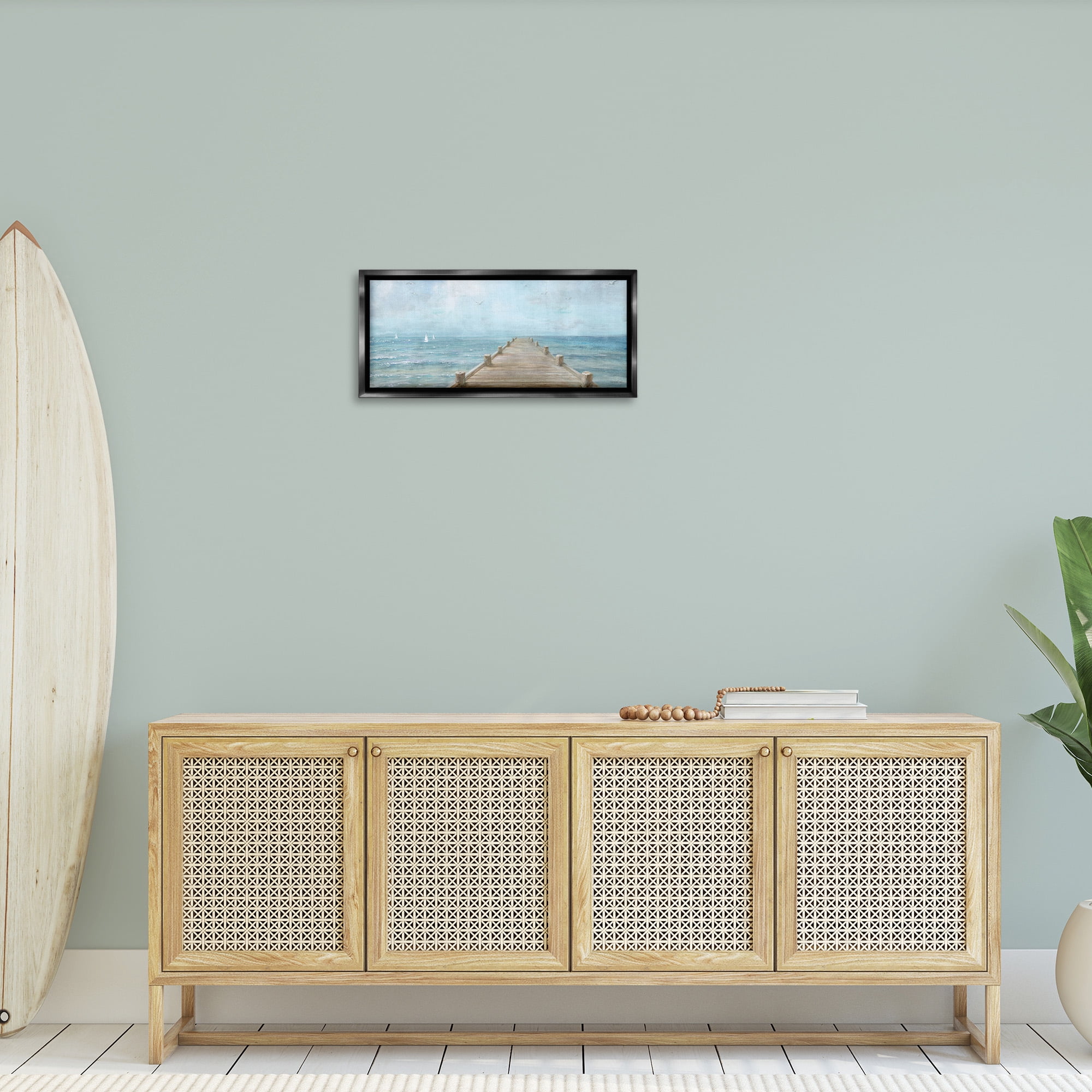 Stupell Industries Waterfront Pier Coastal Ocean View Nature Painting Black Floater Framed Canvas Art Print Wall Art, 25 x 11