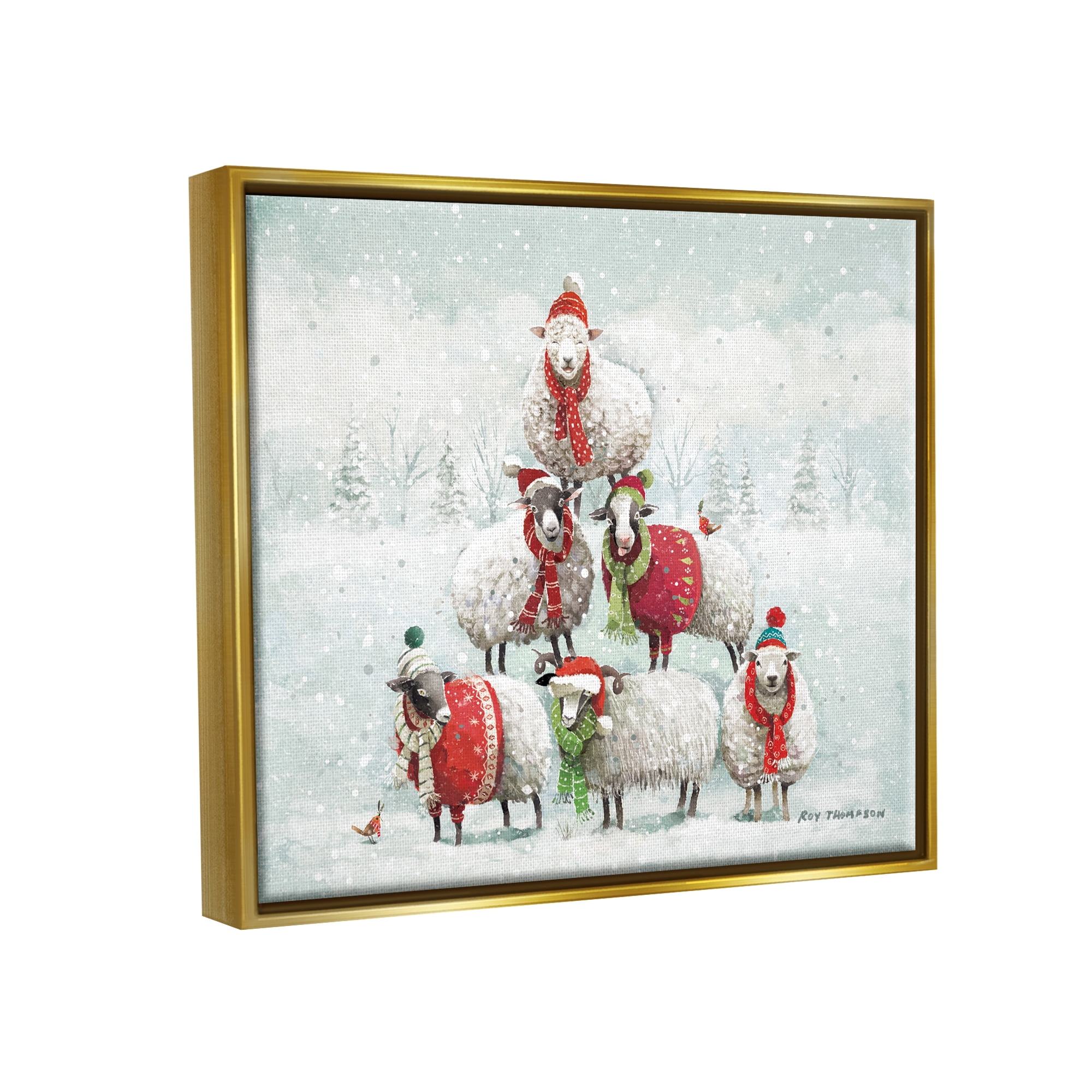 Stupell Industries Winter Sheep Snowy Farm Animals Holiday Painting Gold Floater Framed Art Print Wall Art