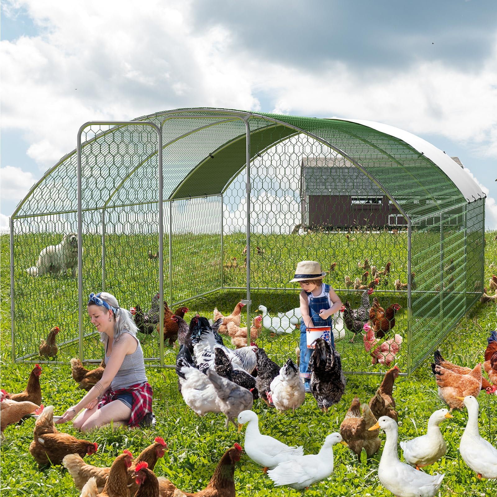 Large Metal Chicken Coop, Large Chicken Coop for Yard, Walk-in Poultry Cage with Waterproof and Anti-Uv Cover, Chicken Run for Outdoor Backyard Farm, Doom Roof, 9.8×19.7×6.6ft