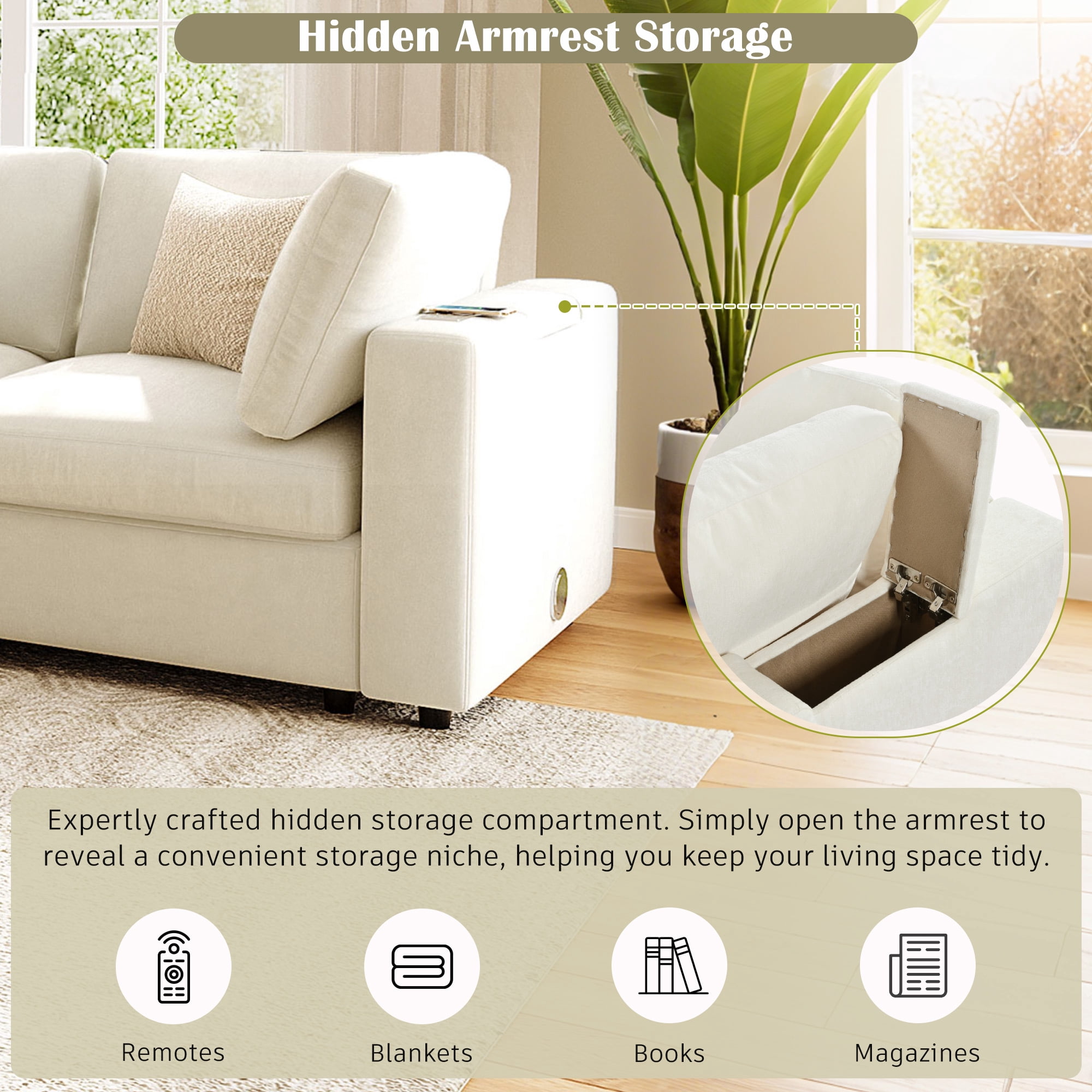 Harper & Bright Designs Modular Sectional Sofa with Storage, Free-combined Sectional Convertible Couch with SB Charge Ports, Wireless Charging and Built-in Bluetooth Speaker in Arm, Beige