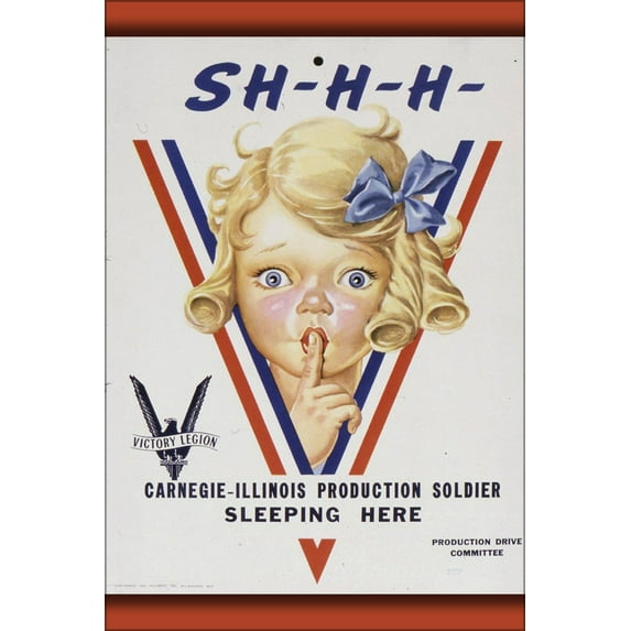 24"x36" Gallery Poster, Sh-h-h. Carnegie - Illinois production soldier sleeping here 1942