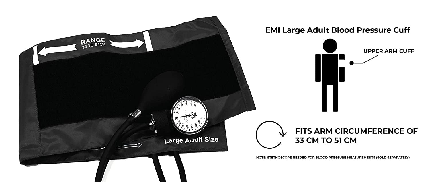 EMI Large Adult Black Manual Blood Pressure Cuff with Aneroid Sphygmomanometer & Case