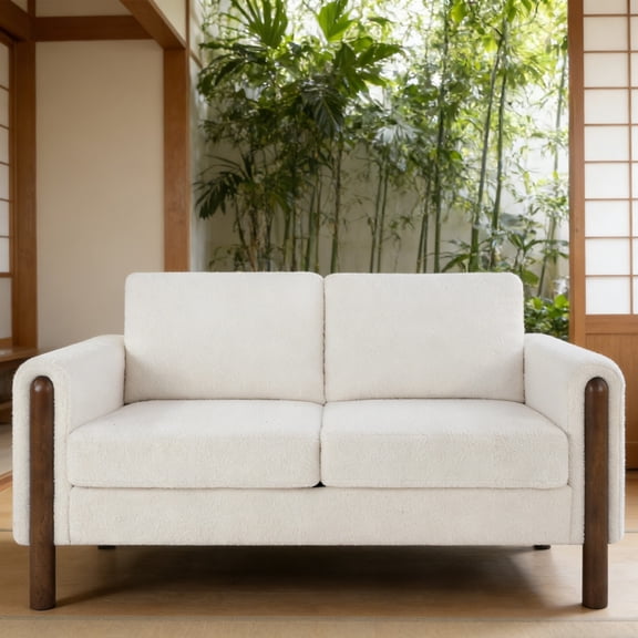 Mid Century Modern 2 Seater Loveseat Sofa Teddy Fabric Upholstered Couch with Walnut Legs and Back Pillows for Living Room Bedroom Office, White