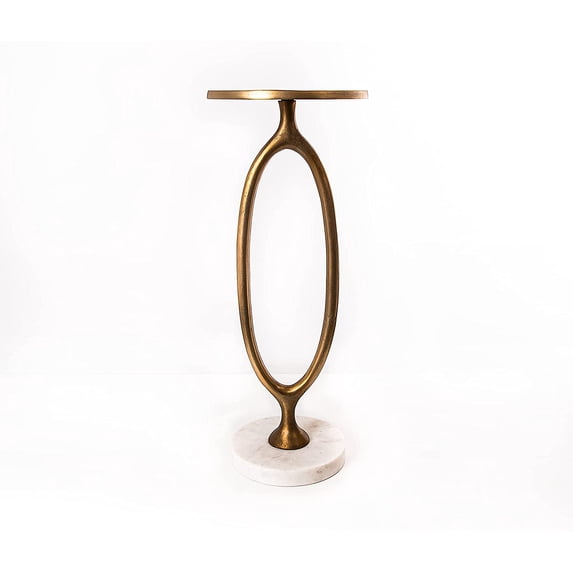Quality Home Textured Cast Aluminum Open Column White Marble Base Round Drink Side Table, 10”W x 24”H, Antique Brass