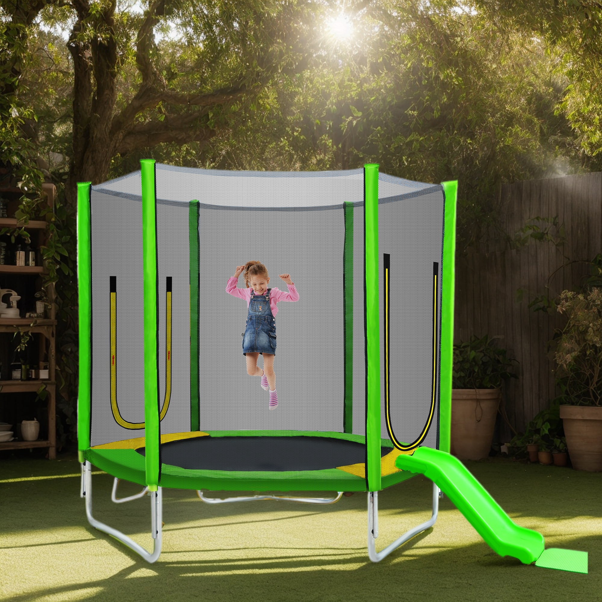 7ft Trampoline for Kids, Trampoline with Safety Enclosure Net, Outdoor Trampoline with Slide & Ladder and Soft Pad, 220lbs Capacity, Easy Assembly, Indoor Use, Green