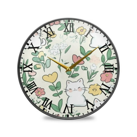 Round Clock Wall Clock Decorative Clock 9.5 Sizes Cute White Cat Pattern