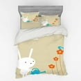 thumbnail image 2 of Animal Duvet Cover Set, Bunny Watering the Dried Flowers Little Birdnd Clouds Pattern, Bedding Set with Shams and Fitted Sheet, 3 Sizes, by Ambesonne, 2 of 3